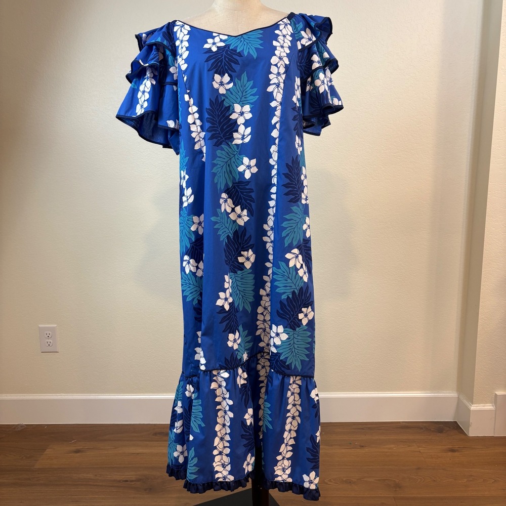 Hoku Maxi Dress Womens 2XL Blue Vtg 90s Floral Ruffle Hawaii Muumuu Vacation